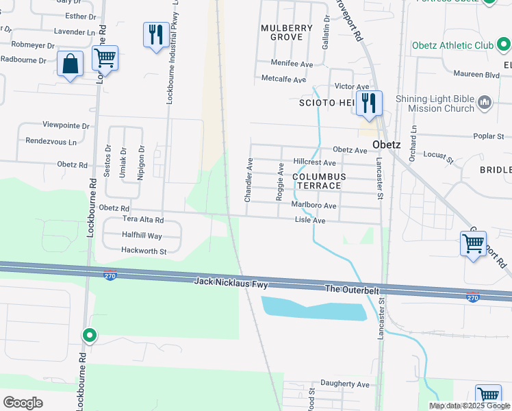 map of restaurants, bars, coffee shops, grocery stores, and more near 1615 Marlboro Avenue in Obetz