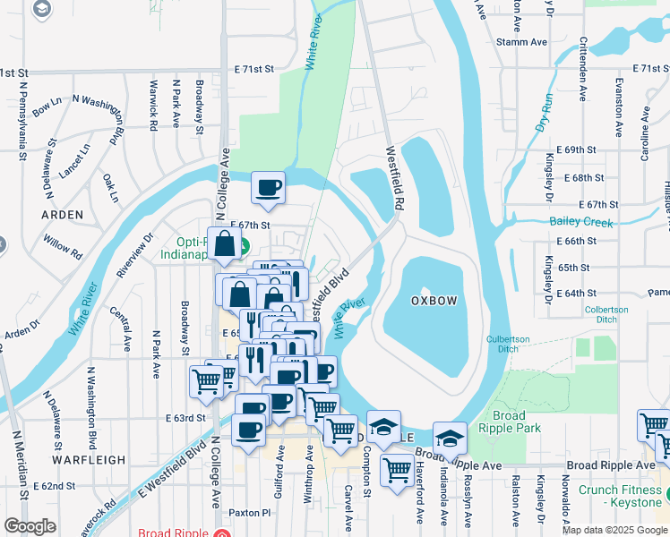 map of restaurants, bars, coffee shops, grocery stores, and more near 6622 Reserve Drive in Indianapolis