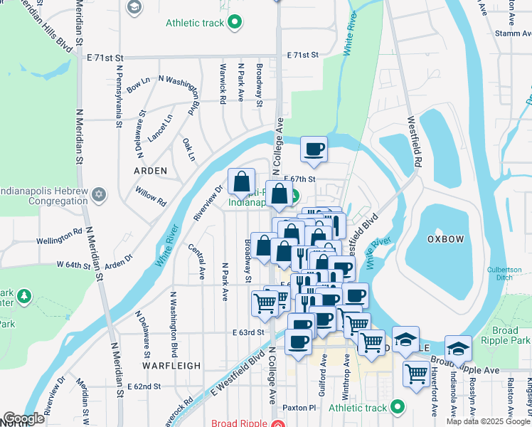 map of restaurants, bars, coffee shops, grocery stores, and more near 665 East 66th Street in Indianapolis