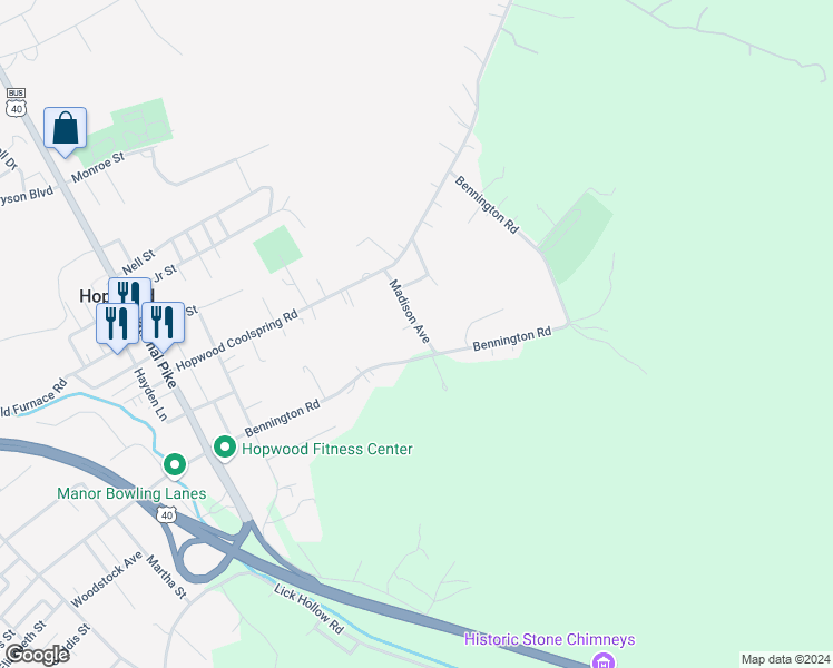 map of restaurants, bars, coffee shops, grocery stores, and more near 211 Madison Ave in Hopwood