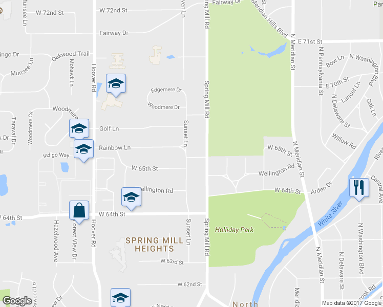 map of restaurants, bars, coffee shops, grocery stores, and more near 6505 Sunset Lane in Indianapolis