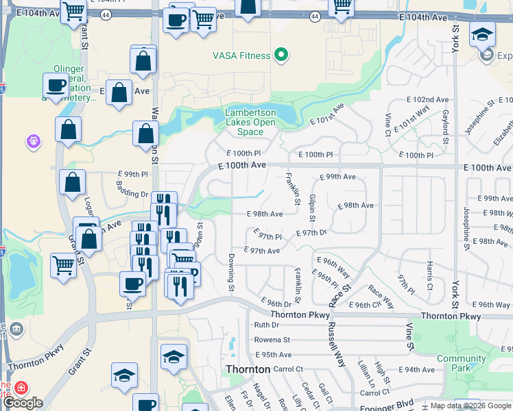 map of restaurants, bars, coffee shops, grocery stores, and more near 9825 Lafayette Street in Thornton