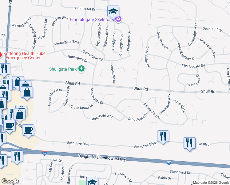 map of restaurants, bars, coffee shops, grocery stores, and more near 6263 Beacon Tree Court in Huber Heights