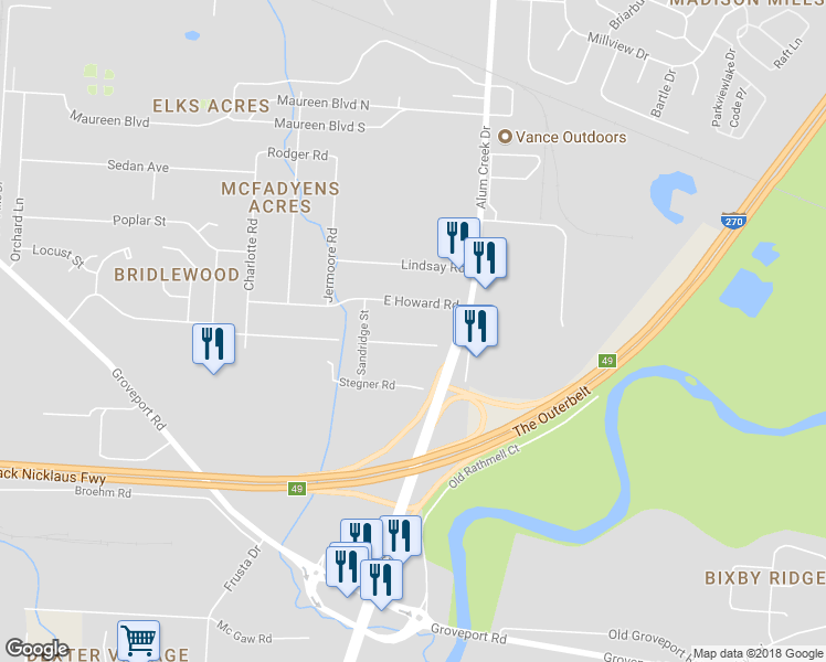 map of restaurants, bars, coffee shops, grocery stores, and more near 2508 Bridlewood Court in Columbus