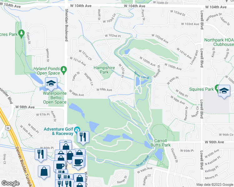 map of restaurants, bars, coffee shops, grocery stores, and more near Hyland Greens in Westminster
