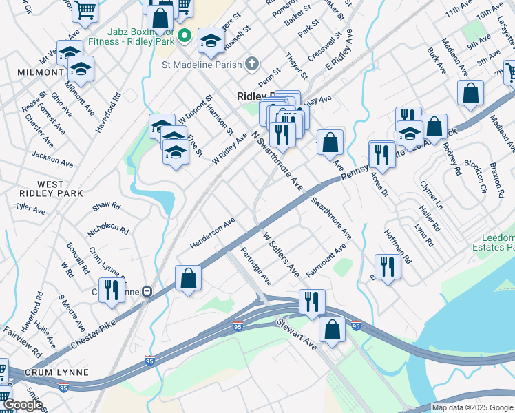map of restaurants, bars, coffee shops, grocery stores, and more near 28 West Sellers Avenue in Ridley Park