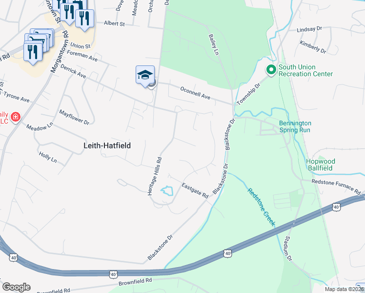 map of restaurants, bars, coffee shops, grocery stores, and more near 100 Concord Place in Uniontown