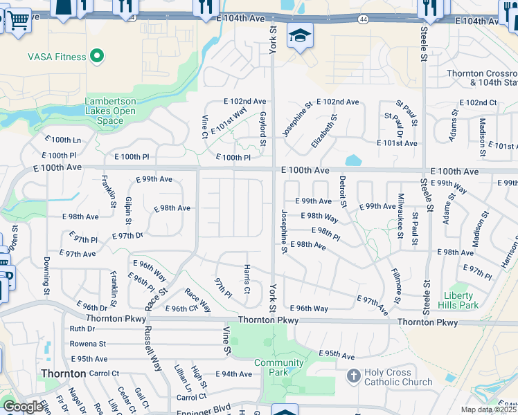 map of restaurants, bars, coffee shops, grocery stores, and more near 9900 Gaylord Street in Thornton