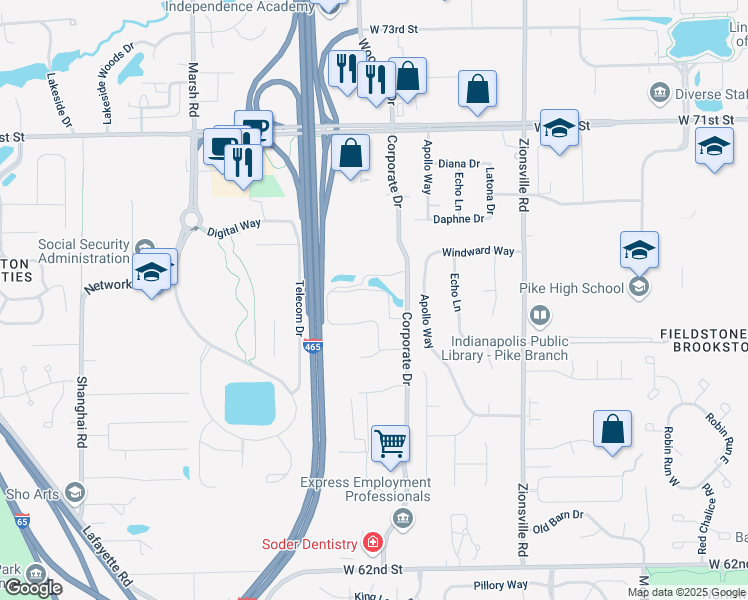 map of restaurants, bars, coffee shops, grocery stores, and more near 5929 Lakeside Boulevard in Indianapolis