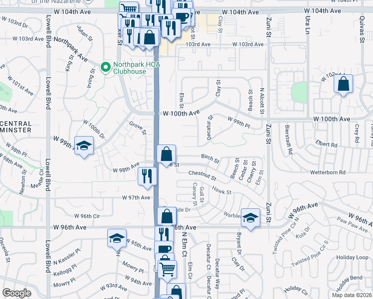 map of restaurants, bars, coffee shops, grocery stores, and more near 2806 West 98th Drive in Federal Heights