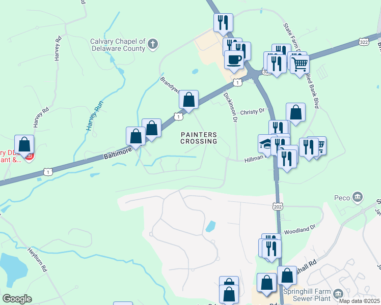 map of restaurants, bars, coffee shops, grocery stores, and more near 1701 Painters Crossing in Chadds Ford