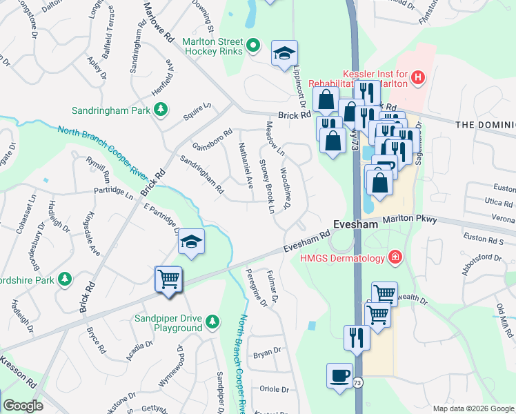 map of restaurants, bars, coffee shops, grocery stores, and more near 254 Sandringham Road in Cherry Hill