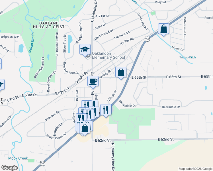map of restaurants, bars, coffee shops, grocery stores, and more near 11942 Titania Circle in Indianapolis