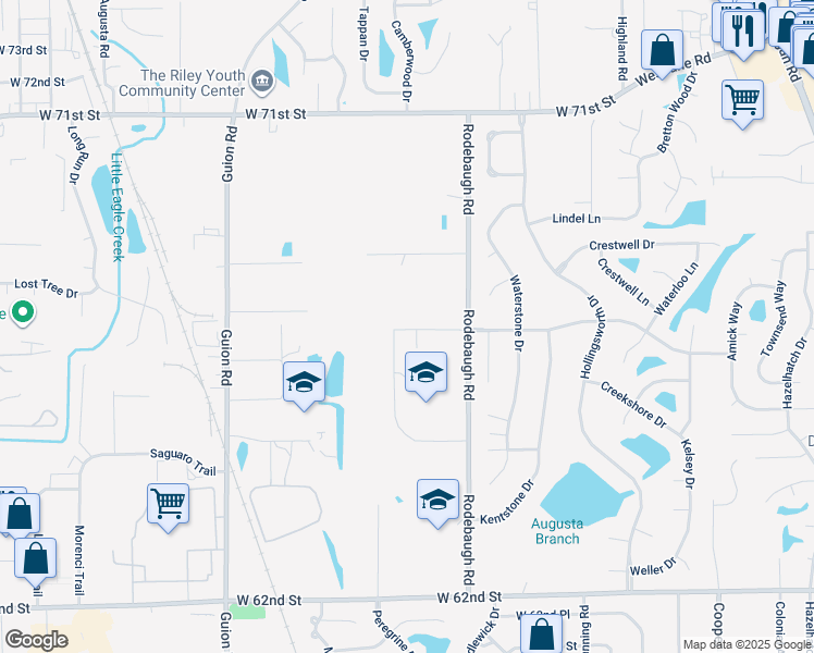 map of restaurants, bars, coffee shops, grocery stores, and more near 6450 Rodebaugh Road in Indianapolis