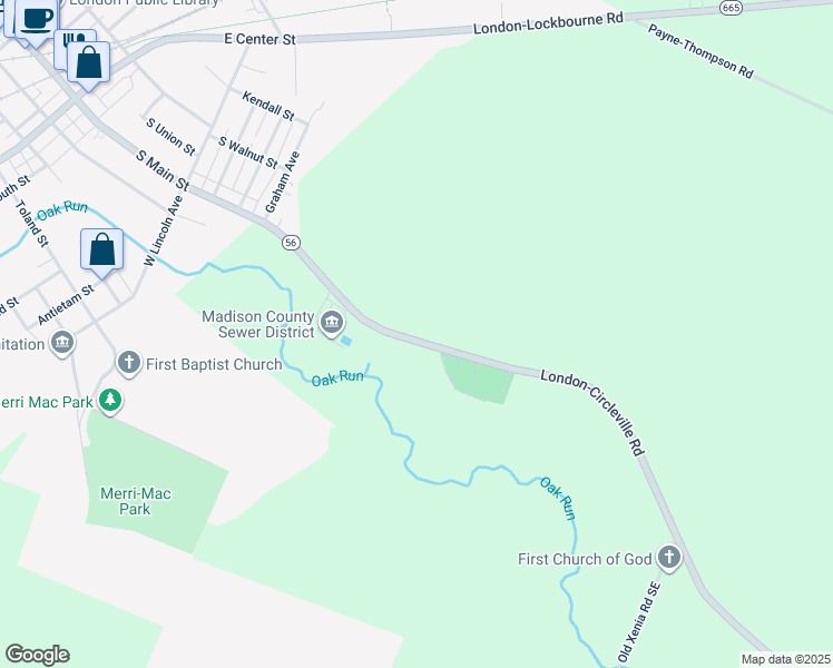 map of restaurants, bars, coffee shops, grocery stores, and more near 4131 Ohio 56 in London