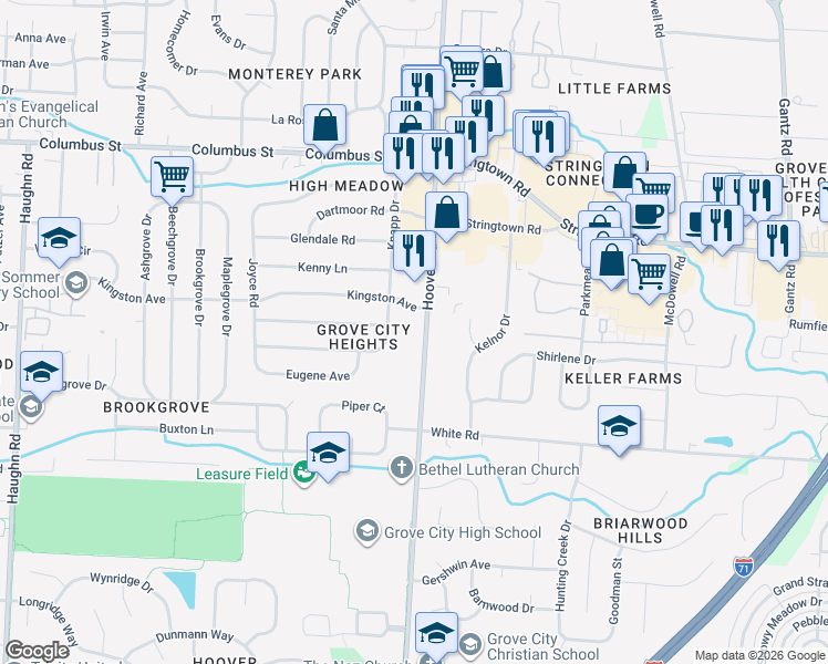 map of restaurants, bars, coffee shops, grocery stores, and more near 4277 Hoover Road in Grove City