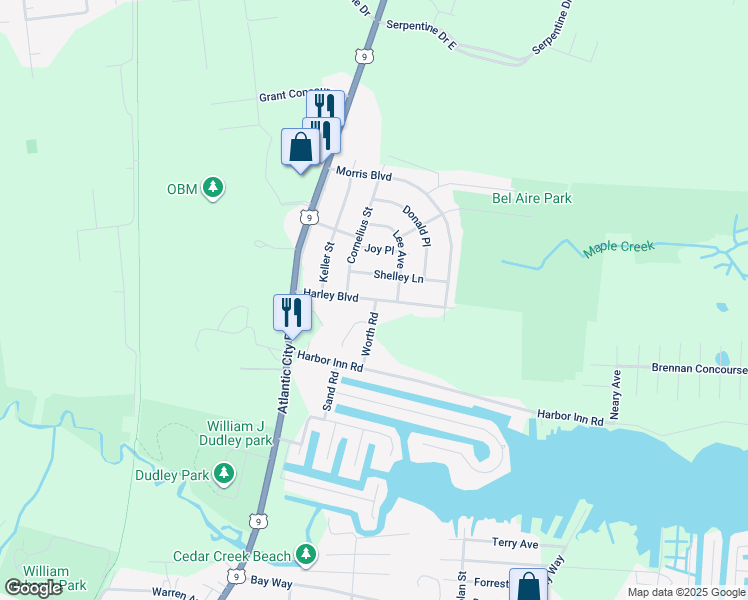 map of restaurants, bars, coffee shops, grocery stores, and more near 30 Harley Boulevard in Berkeley Township
