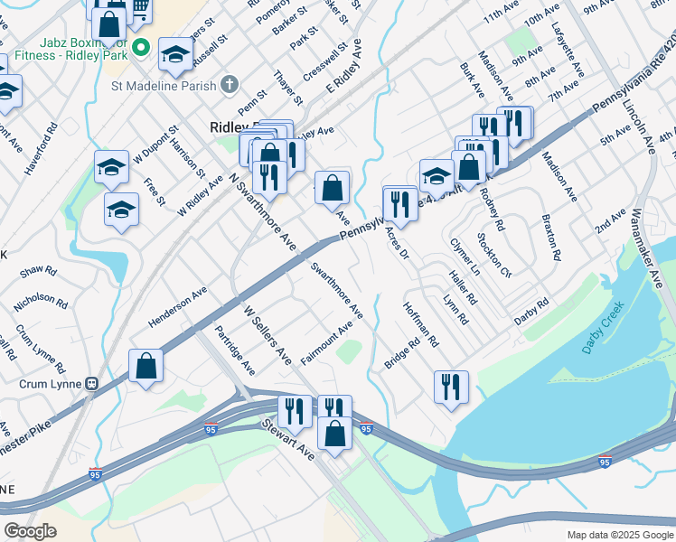 map of restaurants, bars, coffee shops, grocery stores, and more near 7 South Swarthmore Avenue in Ridley Park