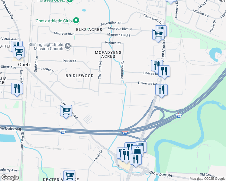 map of restaurants, bars, coffee shops, grocery stores, and more near 2354 Bridlewood Boulevard in Obetz