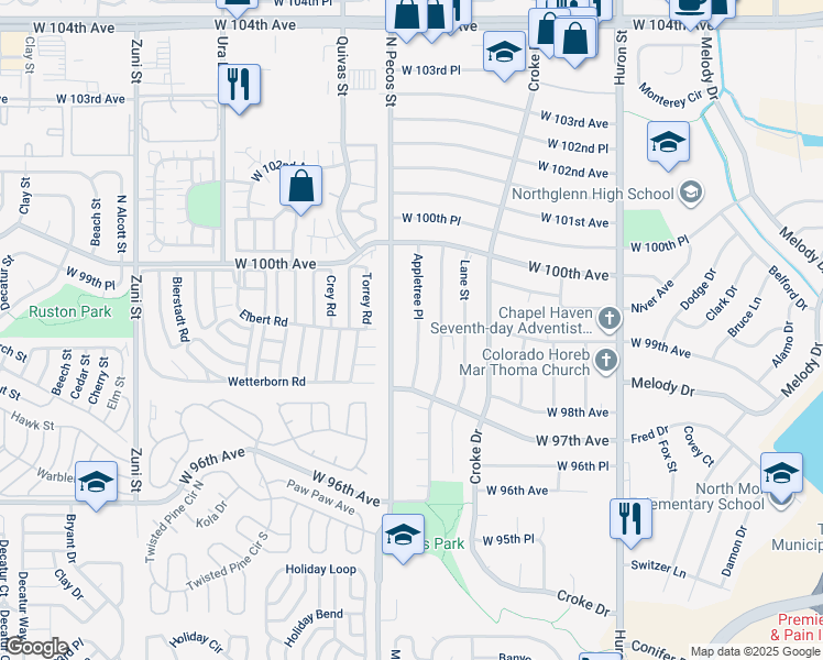 map of restaurants, bars, coffee shops, grocery stores, and more near 9909 Appletree Place in Thornton