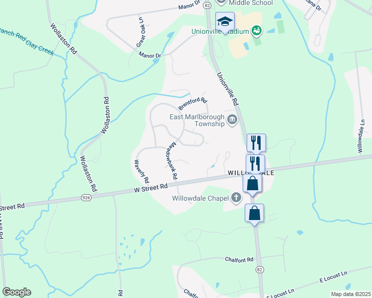 map of restaurants, bars, coffee shops, grocery stores, and more near 214 Avonwood Road in Kennett Square
