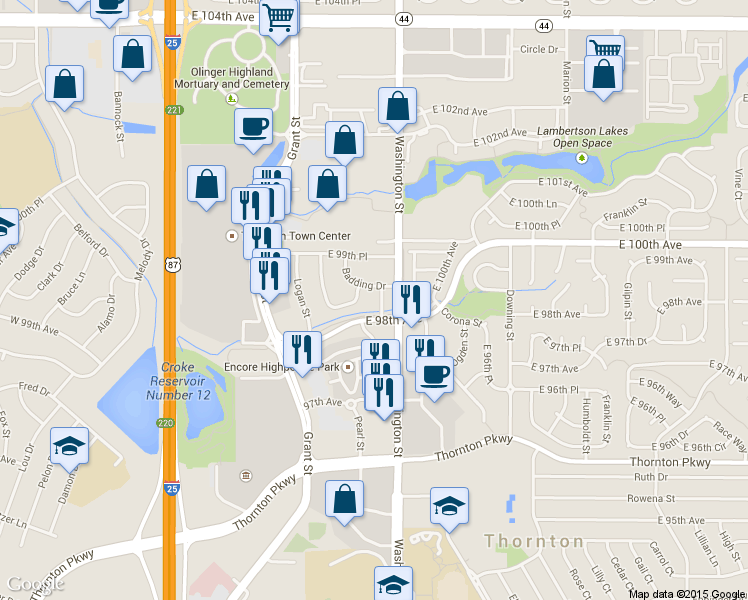 map of restaurants, bars, coffee shops, grocery stores, and more near 9883 Pearl Street in Thornton