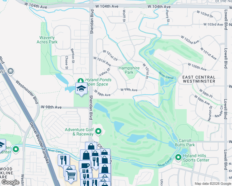 map of restaurants, bars, coffee shops, grocery stores, and more near 4874 West 98th Avenue in Westminster