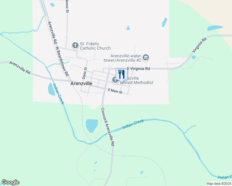 map of restaurants, bars, coffee shops, grocery stores, and more near 118 East Main Street in Arenzville