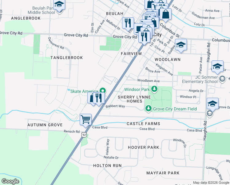map of restaurants, bars, coffee shops, grocery stores, and more near 4340 Broadway in Grove City