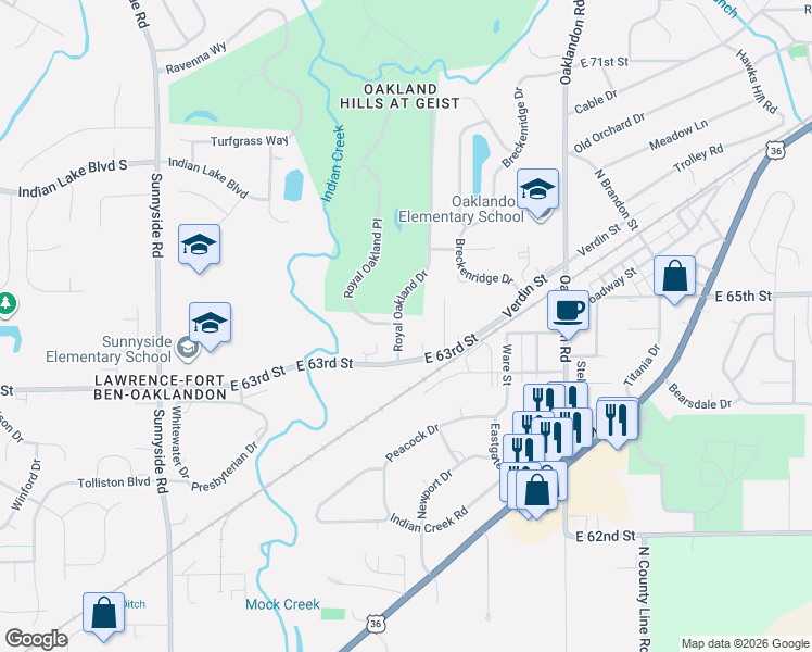 map of restaurants, bars, coffee shops, grocery stores, and more near 6459 Royal Oakland Dr in Indianapolis