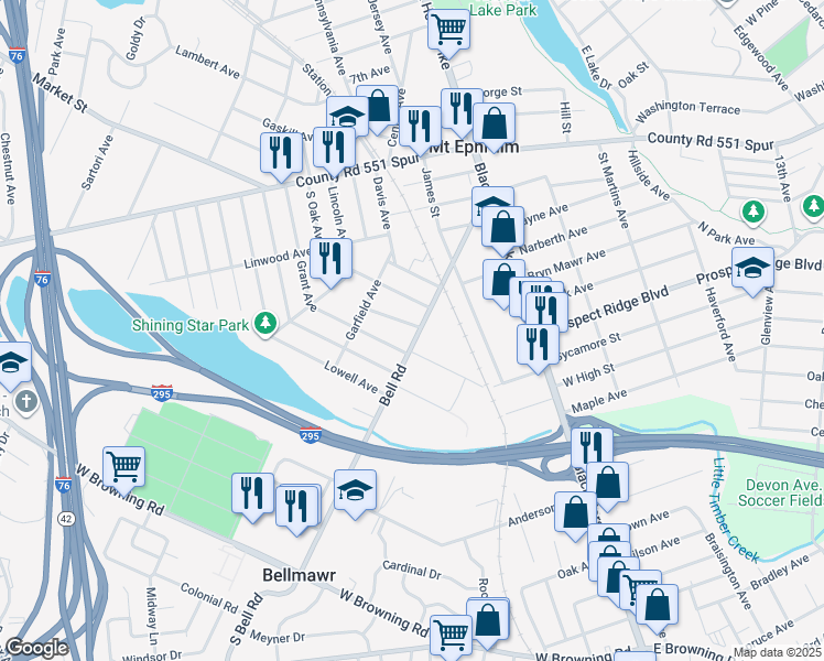 map of restaurants, bars, coffee shops, grocery stores, and more near 341 Liberty Avenue in Mount Ephraim