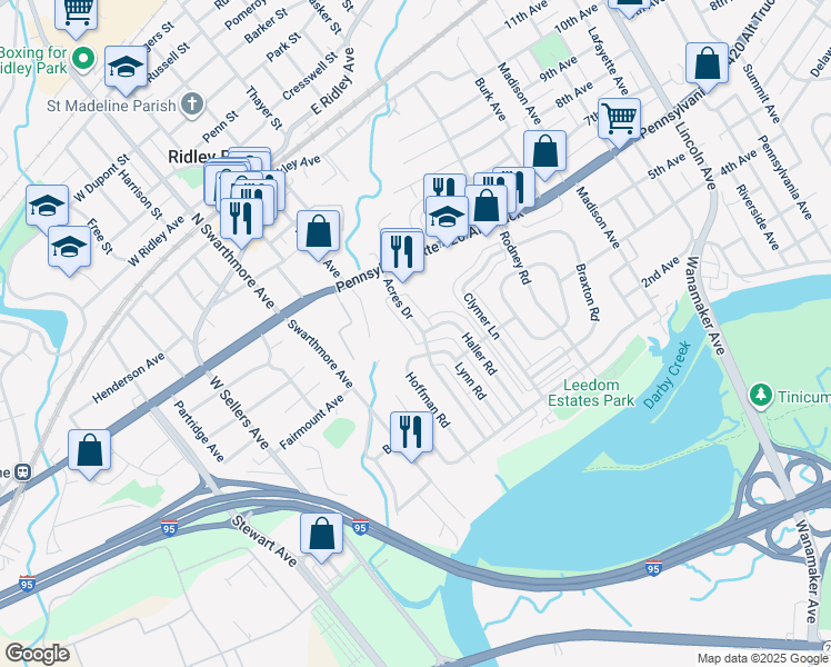 map of restaurants, bars, coffee shops, grocery stores, and more near 49 Acres Drive in Ridley Park