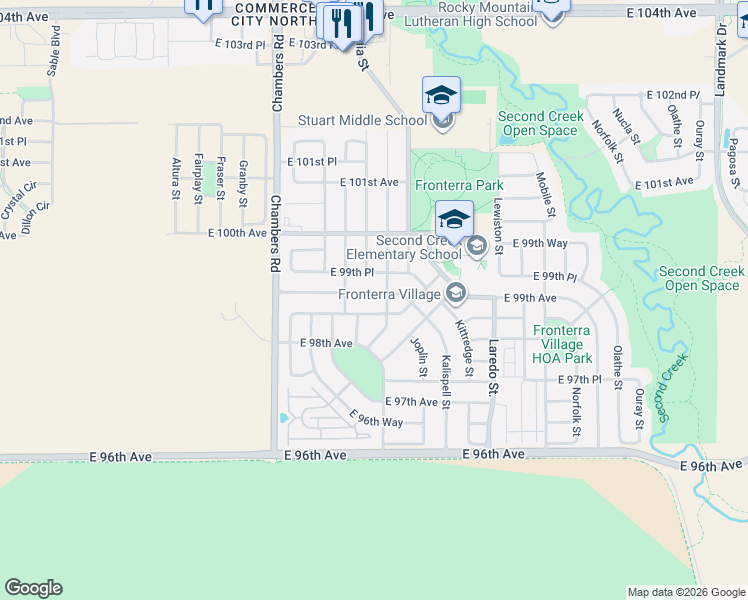 map of restaurants, bars, coffee shops, grocery stores, and more near 9889 Jasper Street in Commerce City
