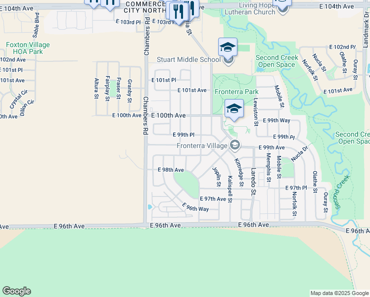 map of restaurants, bars, coffee shops, grocery stores, and more near 15484 East 99th Avenue in Commerce City