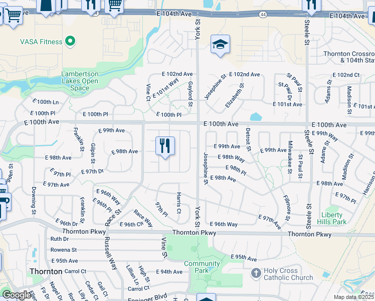 map of restaurants, bars, coffee shops, grocery stores, and more near 9900 Gaylord Street in Thornton
