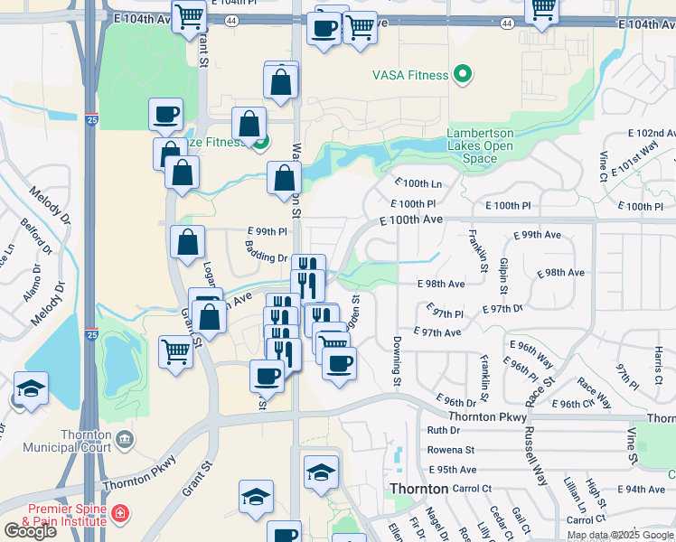 map of restaurants, bars, coffee shops, grocery stores, and more near 1907 East 100th Avenue in Thornton