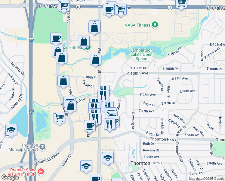 map of restaurants, bars, coffee shops, grocery stores, and more near 1907 East 100th Avenue in Thornton
