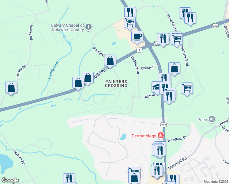 map of restaurants, bars, coffee shops, grocery stores, and more near 1701 Painters Crossing in Chadds Ford