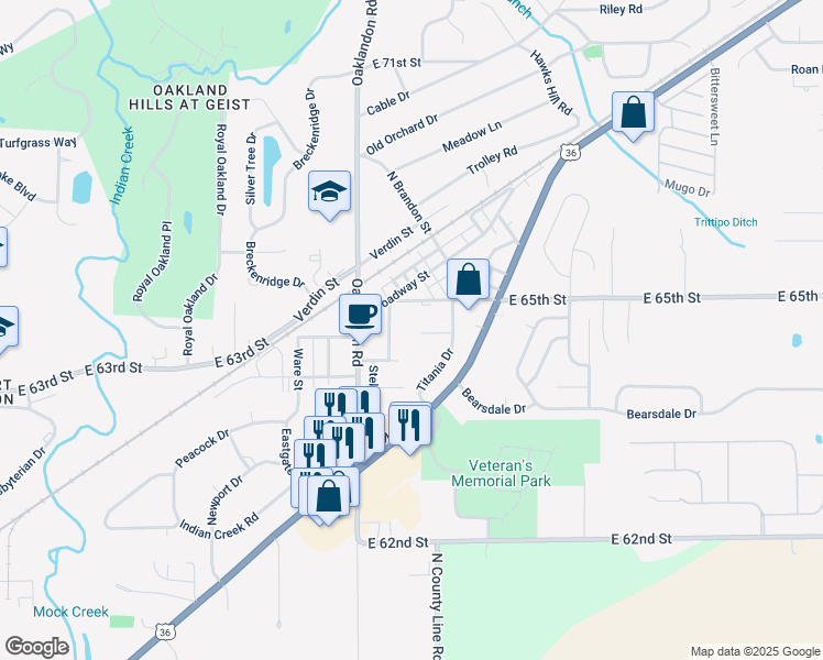 map of restaurants, bars, coffee shops, grocery stores, and more near 11942 Titania Circle in Indianapolis