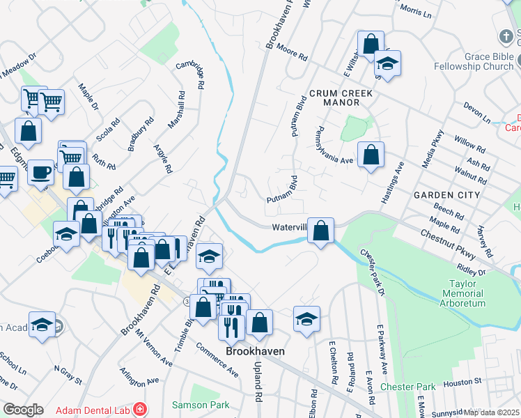map of restaurants, bars, coffee shops, grocery stores, and more near 1238 Putnam Boulevard in Delaware County