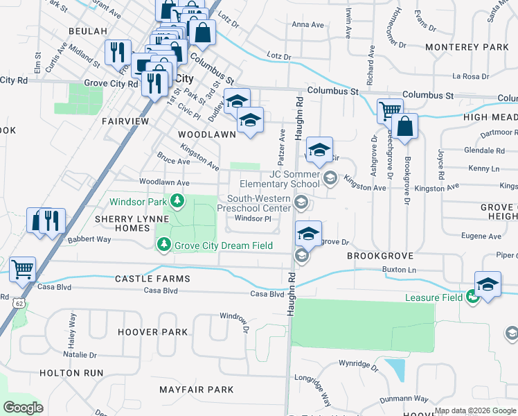 map of restaurants, bars, coffee shops, grocery stores, and more near 3171 Angela Drive in Grove City