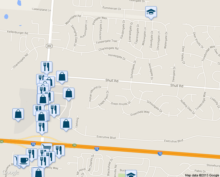 map of restaurants, bars, coffee shops, grocery stores, and more near 8466 Eagle Pass Dr in Dayton