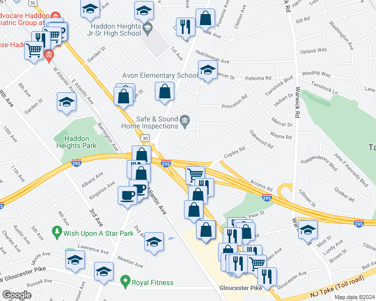 map of restaurants, bars, coffee shops, grocery stores, and more near 129 Tavistock Boulevard in Haddonfield
