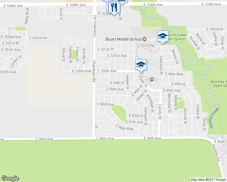 map of restaurants, bars, coffee shops, grocery stores, and more near 15484 East 99th Avenue in Commerce City