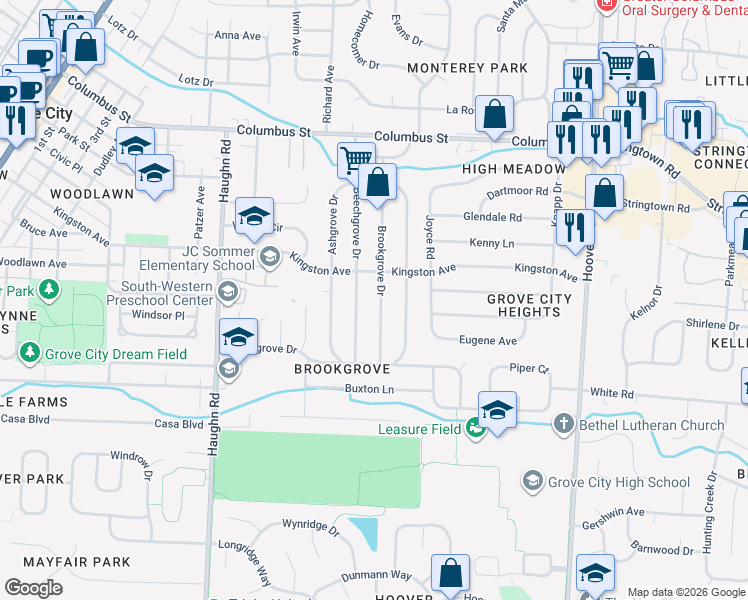 map of restaurants, bars, coffee shops, grocery stores, and more near 4295 Brookgrove Drive in Grove City