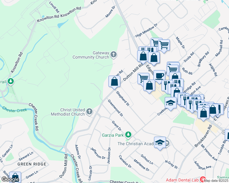 map of restaurants, bars, coffee shops, grocery stores, and more near 301 Dutton Mill Road in Brookhaven