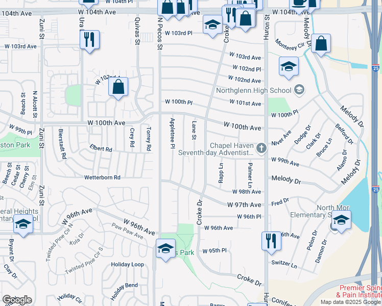 map of restaurants, bars, coffee shops, grocery stores, and more near 9907 Lane Street in Thornton