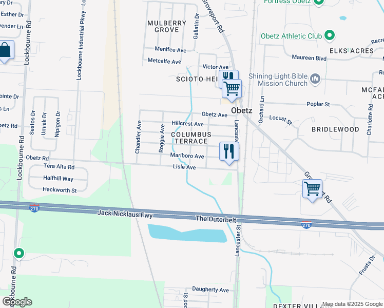 map of restaurants, bars, coffee shops, grocery stores, and more near 1750 Marlboro Avenue in Obetz