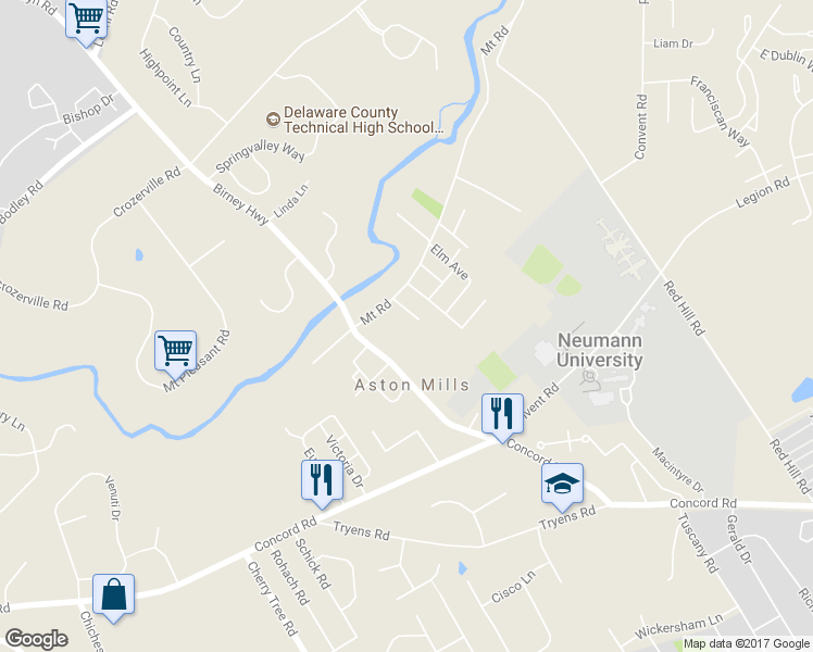 map of restaurants, bars, coffee shops, grocery stores, and more near 111 Oak Avenue in Aston