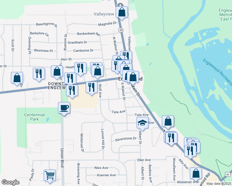 map of restaurants, bars, coffee shops, grocery stores, and more near 124 Chestnut Street in Englewood